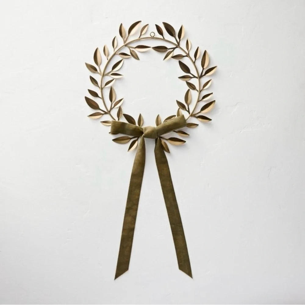 Hearth & Hand with Magnolia Decorative Brass Leaf Christmas Wreath Velvet Bow